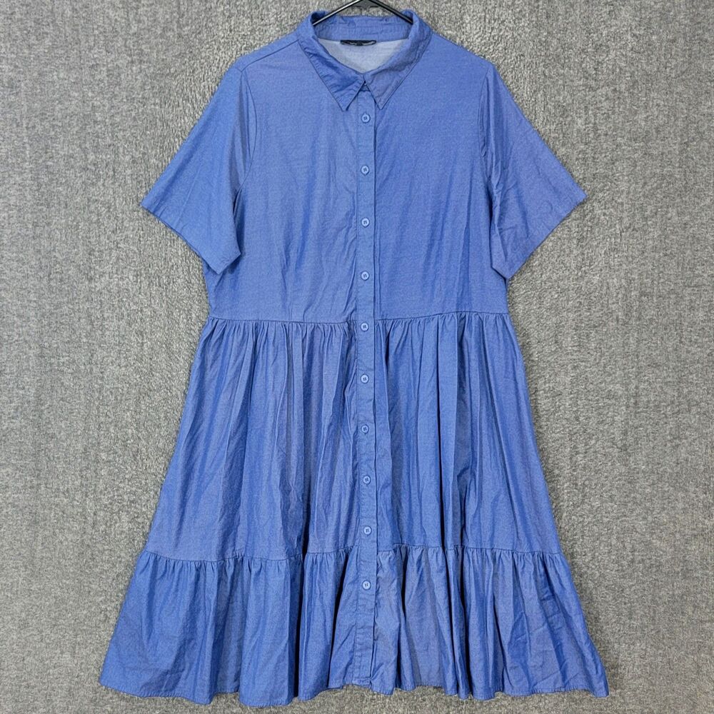 Buxom Curvy Shirt Dress Womens 1X Blue Short Sleeve Tiered Flared Midi